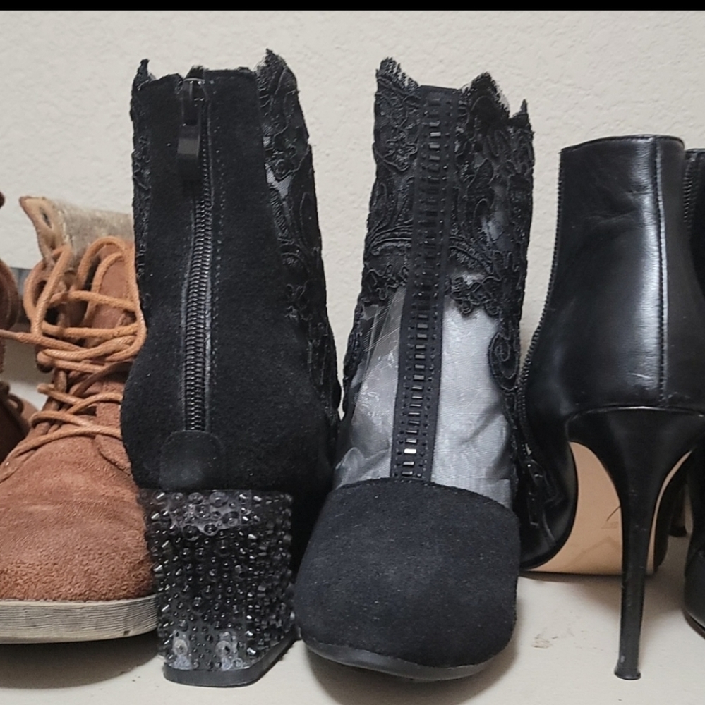 Unique mesh and lace heeled booties